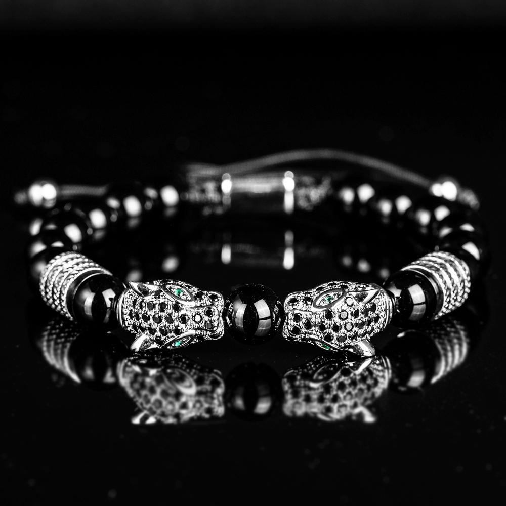 New Trend Double Leopard Head Handmade Tiger's-eye Bracelets  Accessories Handmade Men's Jewelry Pulseras Homme