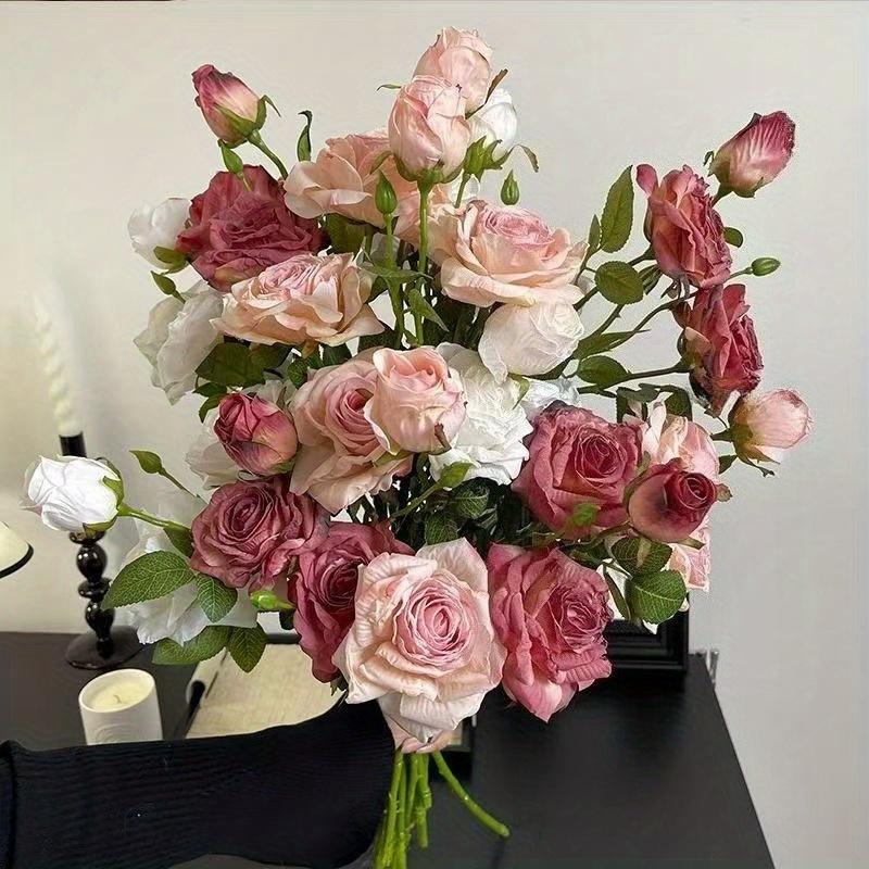 

1Pc Simulation 3-headed Rose Silk Flower, for Wedding Bouquets, Outdoor Courtyard Garden Home Decoration