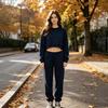 Women's American Style Short Round Neck Hoodie - Autumn/Winter Casual Loose Long Sleeve Slimming Top