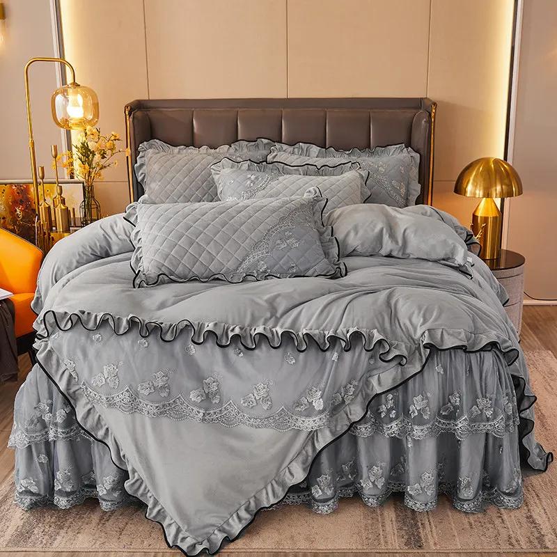 AI WINSURE-French 4pcs Bedding Set, Velvet Duvet Cover, Lace Bedspread, Queen Double King Size, Luxury, Soft Thick, for Winter