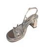 Silver high heels femininity beautiful high sense cross word with thick heel fairy sandals summer