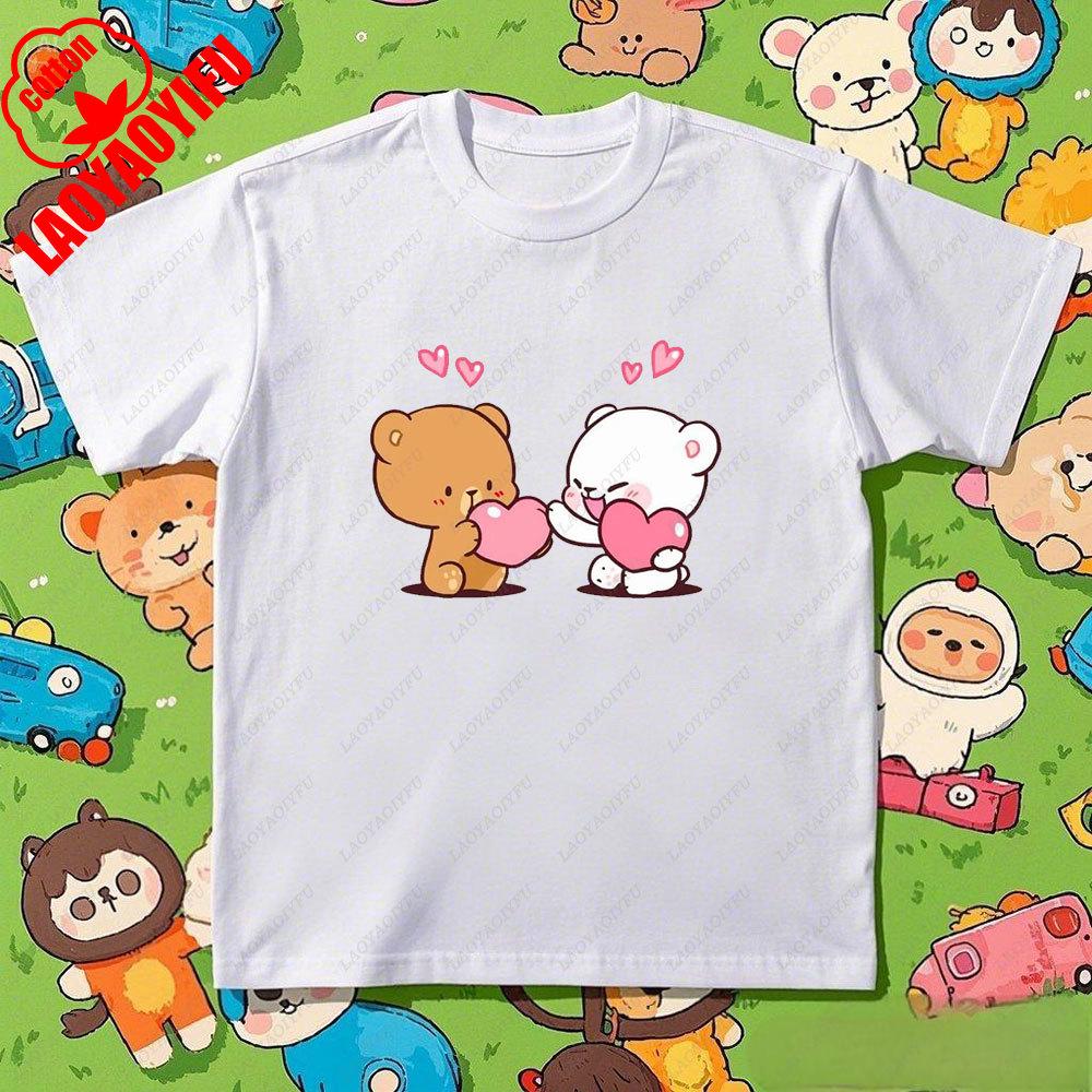 Kawaii Couple Tshirt Matching Milk and Mocha Cartoon Anime Print Cotton Unisex Women TShirt Couple Tee Summer Casual Shirt Tops