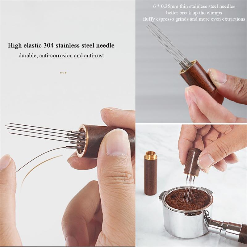 Stainless Steel 6-pin Espresso Distribution Tool Coffee Distributor Espresso Stirrer with Walnut Handle Replaceable Needles