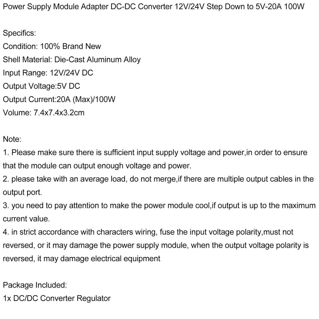 Areyourshop WaterProof 12V/24V to 5V 20A 100W Step Down DC/DC Power Converter Regulator