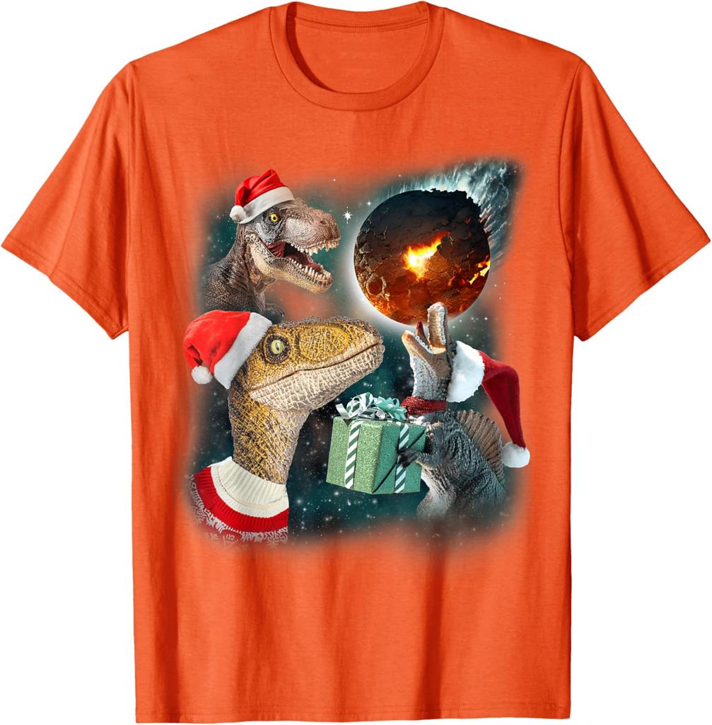 Funny Dinosaur Meteor Christmas Meme T-Shirt Three Rex Howling Graphic Cotton Tee