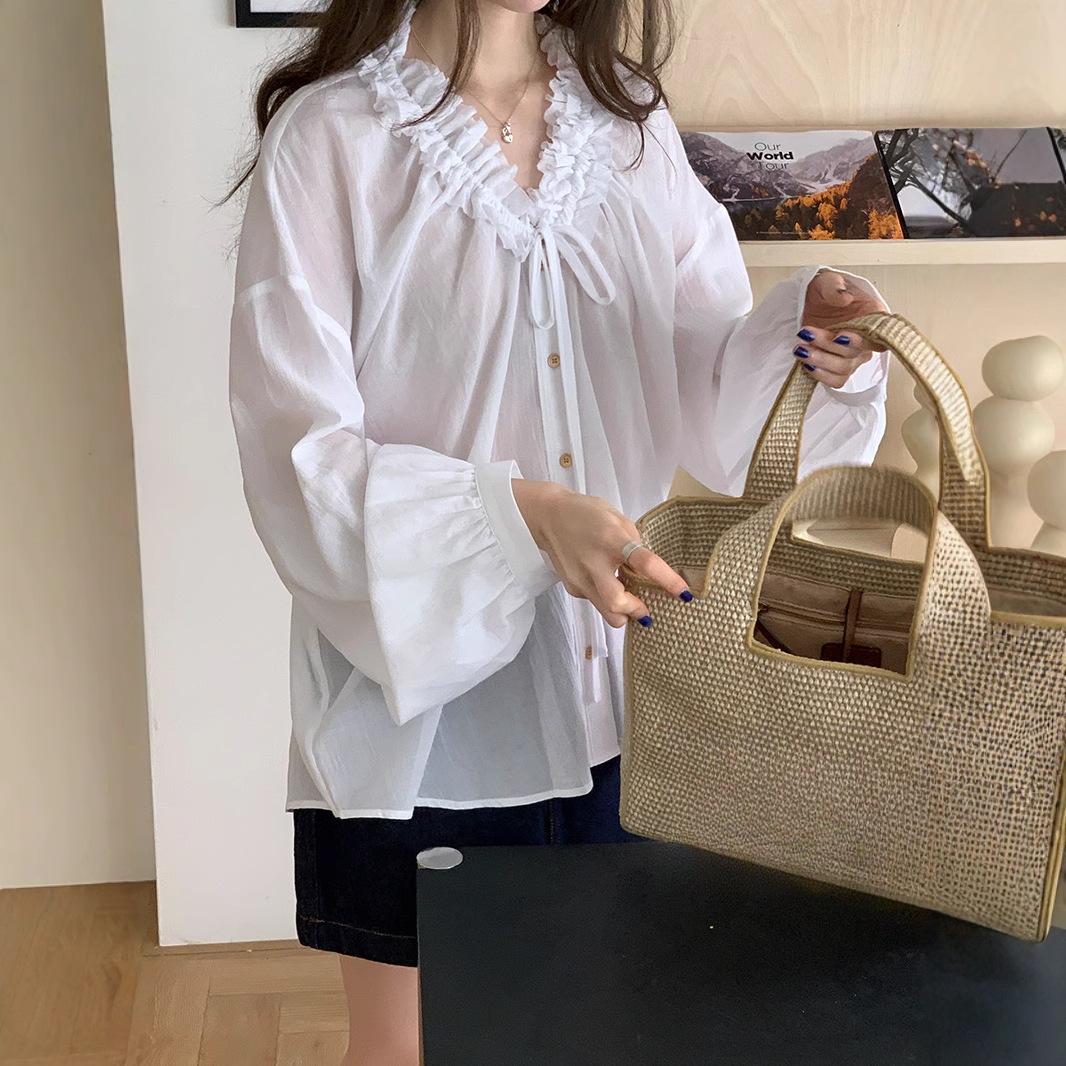 

French Premium Pleated V-Neck Shirt Women M білий