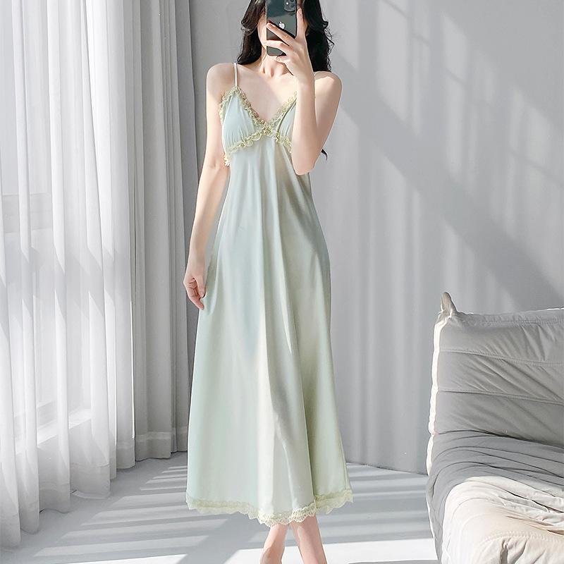 Ice silk long cross suspender nightdress summer simulation silk lace sexy loungewear women's thin outer cover suit