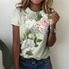 Summer Elegant and Fresh Women's T-shirt Green and Purple Flowers Print Women's Daily Versatile Short Sleeved Top