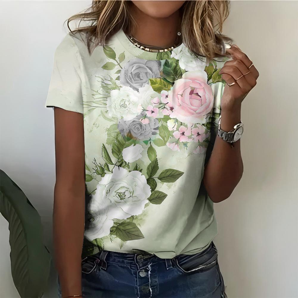 

Summer Elegant and Fresh Women s T-shirt Green and Purple Flowers Print Women s Daily Versatile Short Sleeved Top S