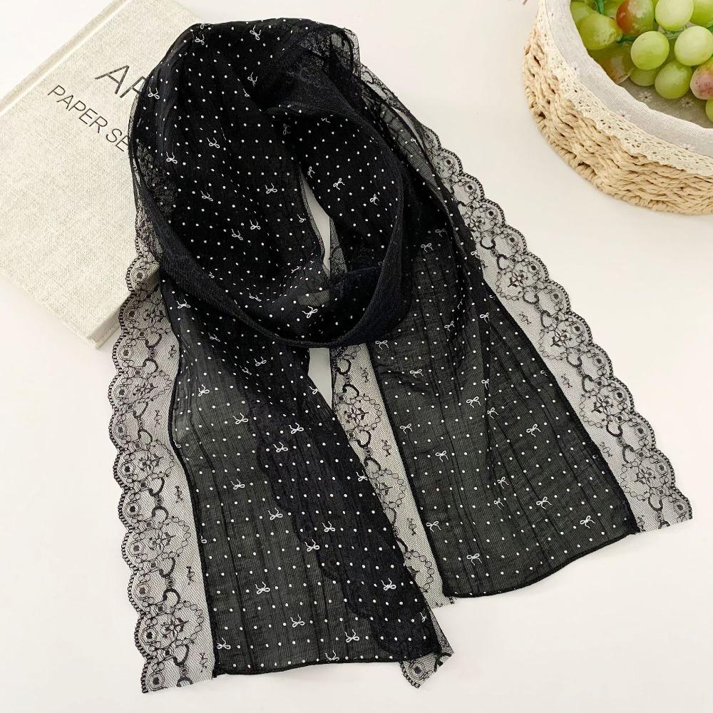 

New Butterfly Knot Silk Scarf Lightweight Lace Edge Drifting Belt Polka Dot Women Headscarf чорний
