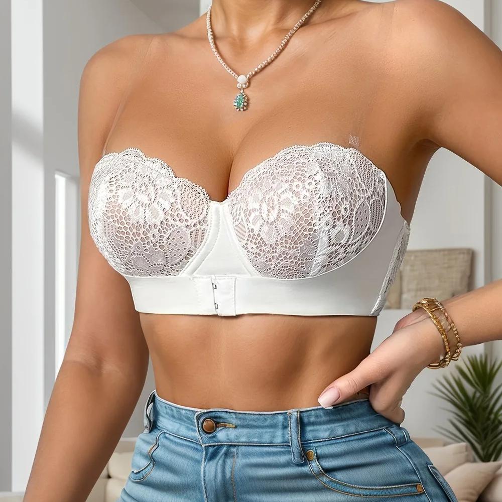 Sexy Lace Embroidery Underwear Women Detachable Strapless Bra Wedding Invisible Slip-proof Brassiere Front Buckle Push Up Bras