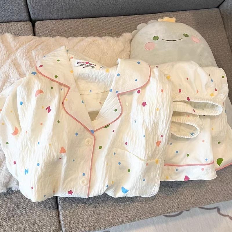 Blue Bear Women's Summer Cotton Pajama Set - Short-Sleeved, Cute Cartoon Design, Three-Piece Loungewear.