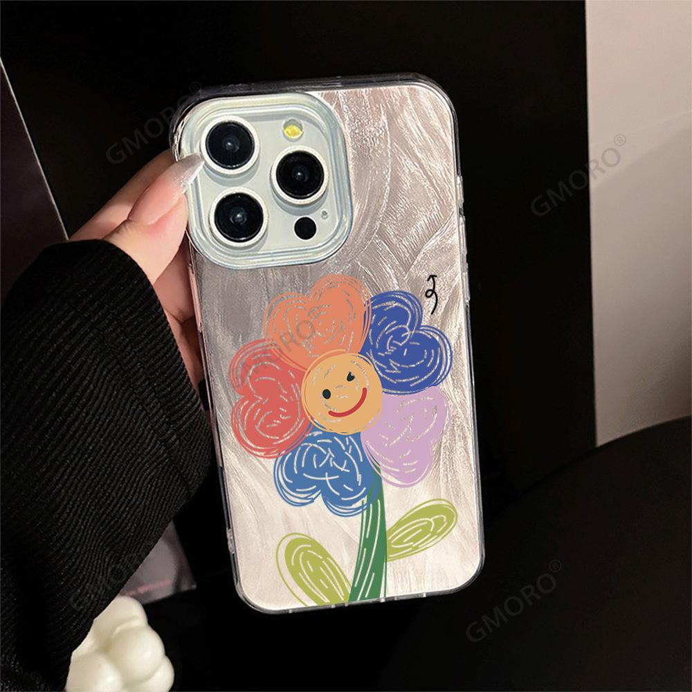 Illustration Smiley Face Flower Transparent Border Feather Case Apple 15 Mobile Phone Case New iPhone17 Premium Protective Case