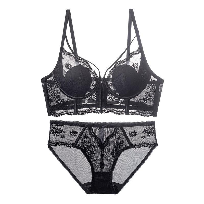 

French underwear female sexy thin rabbit ear cup front buckle beautiful back underwear big chest small anti-sagging bra 70B чорний