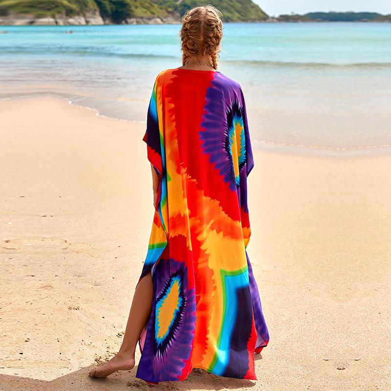 EDOLYNSA Různobarevné Kaftan Bohemian Potištěné Maxi šaty Batwing Sleeve Sleeve Sleeve Women Dámské plážové oblečení Polorukáv Maxi šaty Robe Q1342