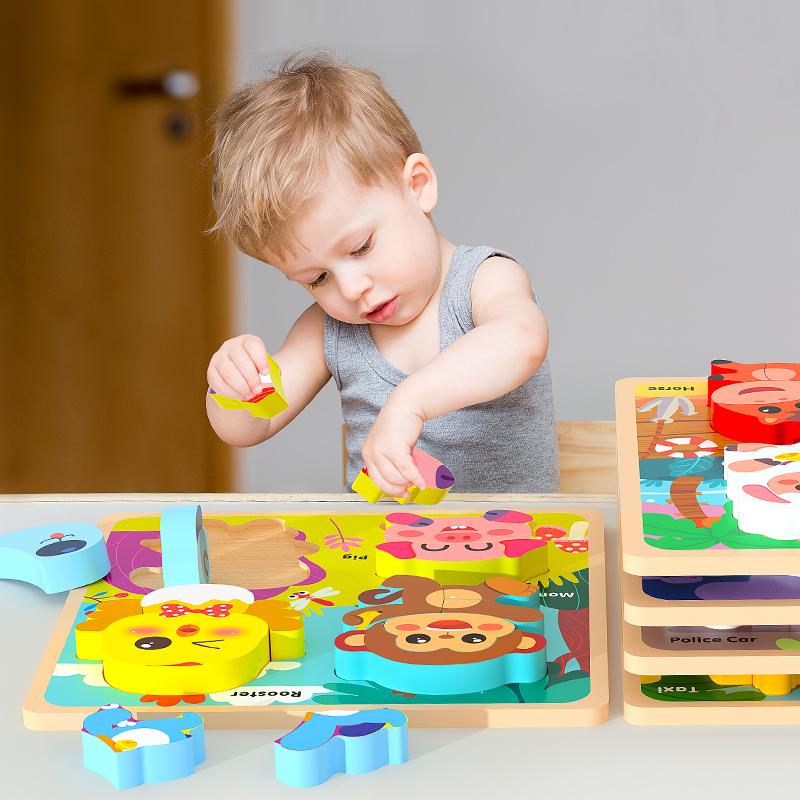 Wooden Baby Toys Montessori Toys 3D Puzzles Early Education Learning Cartoon Animal Jigsaw Puzzles Intellectual Cognitive Games