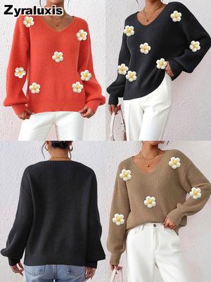Herfst Winter Dames Pullover Trui met Haakbloemen, Driedimensionaal Patchwork Persoonlijkheid Diepe V Ronde Hals Gebreid