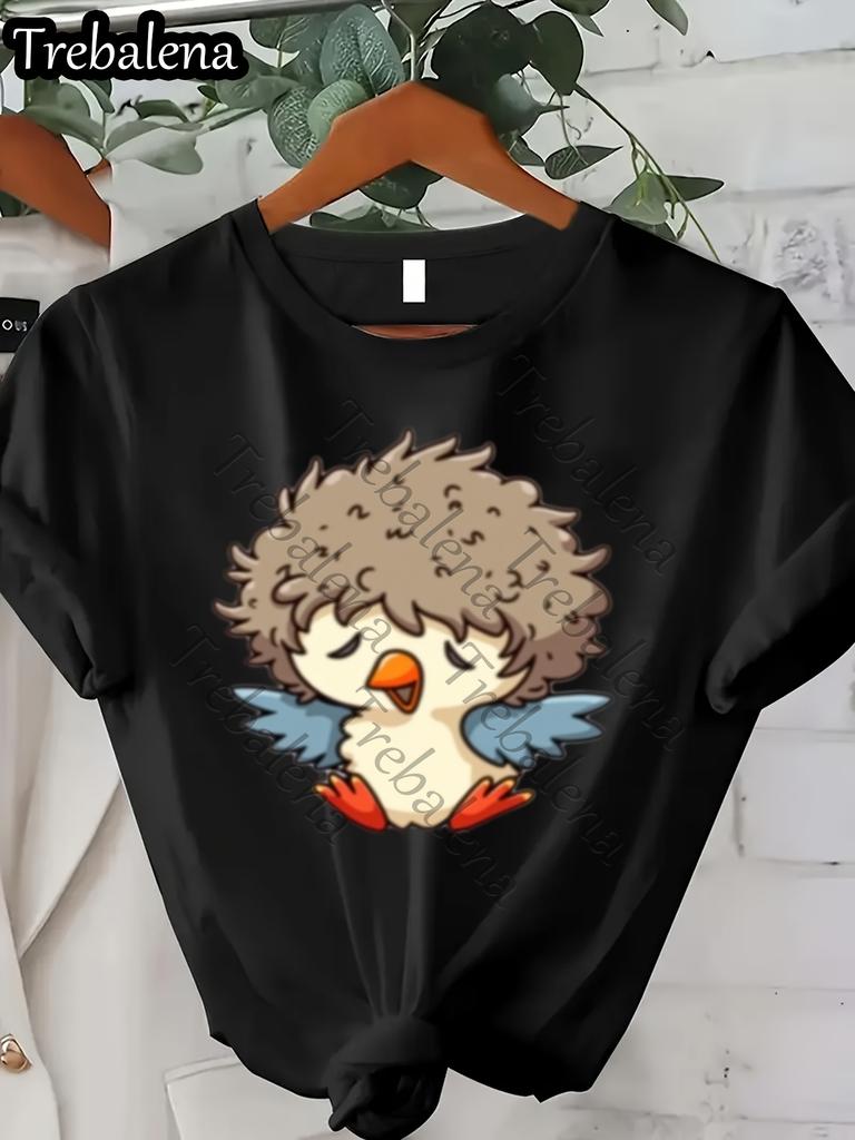 Women's Funny Bird Graphic T-Shirt Cute Fluffy Bird with Expressive Eyes Soft Everyday Casual Tee Lightweight Warm Weather Shirt