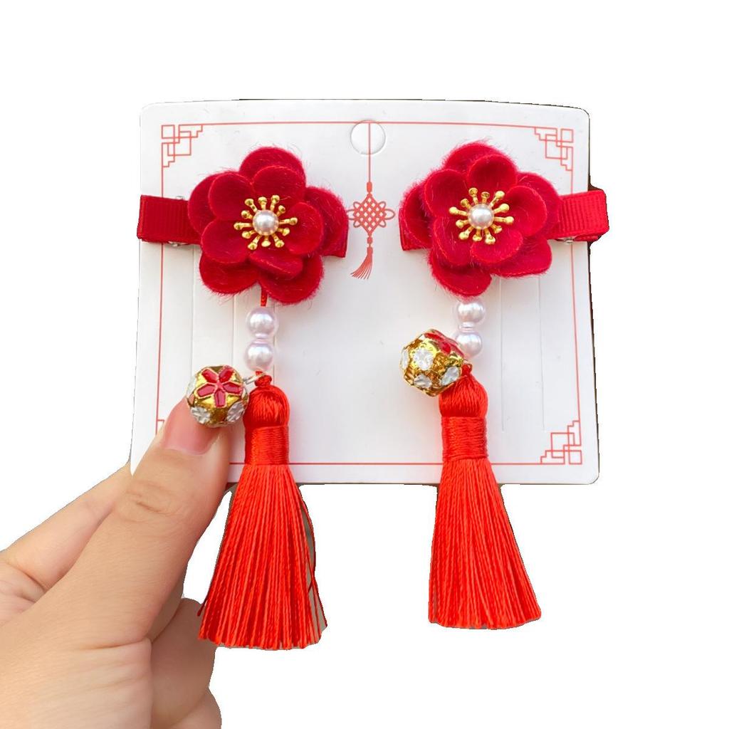 New Year Red Hair Accessories for Girls - Festive Tassel Clips, Chinese Hanfu Style