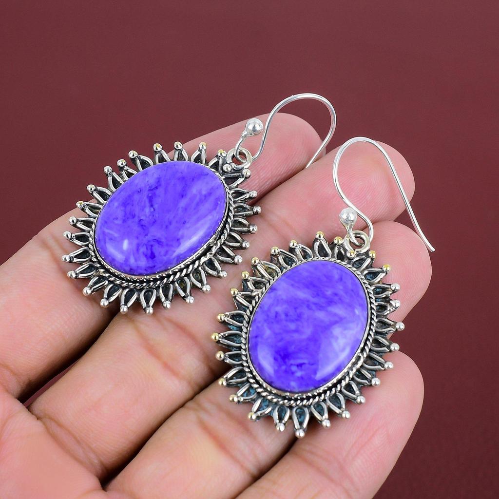 Charoite Gemstone Earrings Handmade Jewelry 925 Sterling Silver Earring Original Charoite Jewelry Awesome Dangle Earring Anniversary Gifts