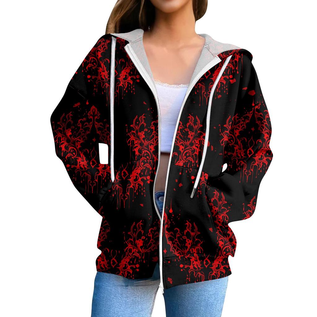 Sweat-shirt à capuche décontracté pour femme à manches longues avec fermeture éclair et cordon de serrage imprimé