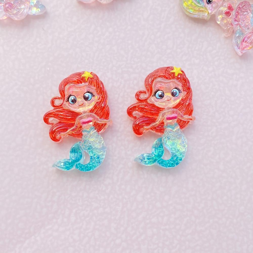 10 PCS Shiny Colorful Cartoon Mermaid Princess Girl Resin Scrapbook DIY Jewelry Hairpin Headrope Decoration Crafts