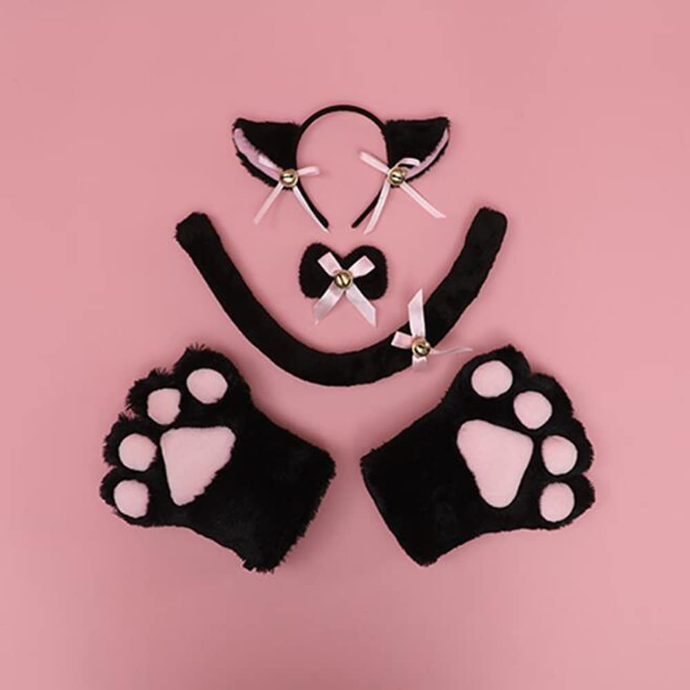 Cute Cat Costume Set with Cat Ear Paw and Bell Design for Halloween 4-Piece Headband, Choker, Gloves, Tail, Bow,