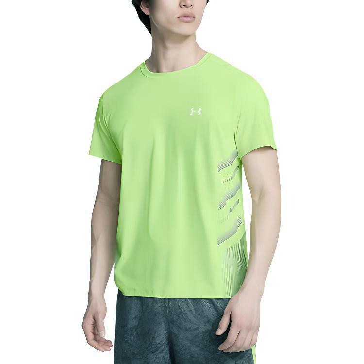Under Armour Camiseta Esportiva de Corrida Iso-Chill Gola Careca Listrada Manga Curta Masculina Tops Verde-Grama-Claro 1376518-304