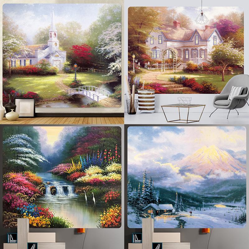 

Сказочный коттедж, картина тушью, украшение для дома, художественный гобелен, психоделическая сцена, богемная настенная подвеска на стену спальни