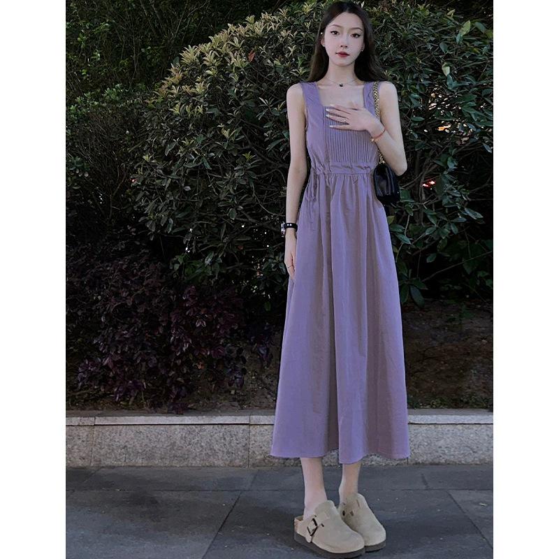 Chic lila Slipkleid für Damen - Tailliert, mit Kordelzug, Midi-Länge, Dopamin-Outfit mit kurzen Ärmeln, A-Linien-Rock für den Sommer