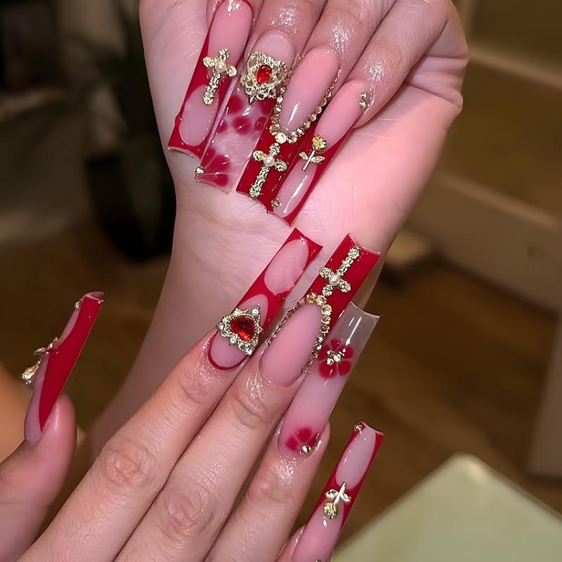 European and American long water pipe nail big red French fake nail gold rose cross point diamond nail piece wear nail