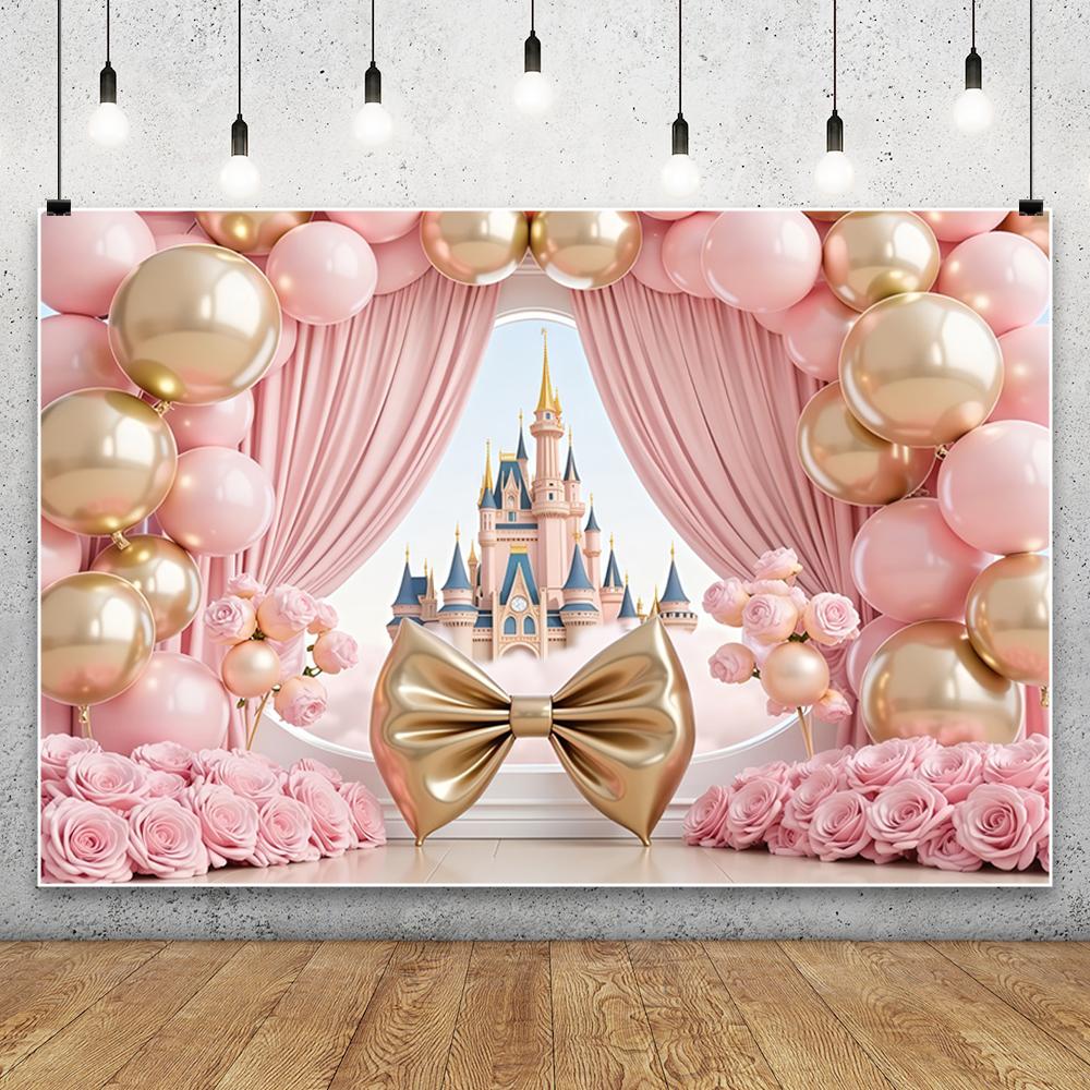 Dreamy Castle Photography Background Pink Balloon Curtain Flower Carriage Girl Birthday Bride Wedding Party Decor Photo Backdrop