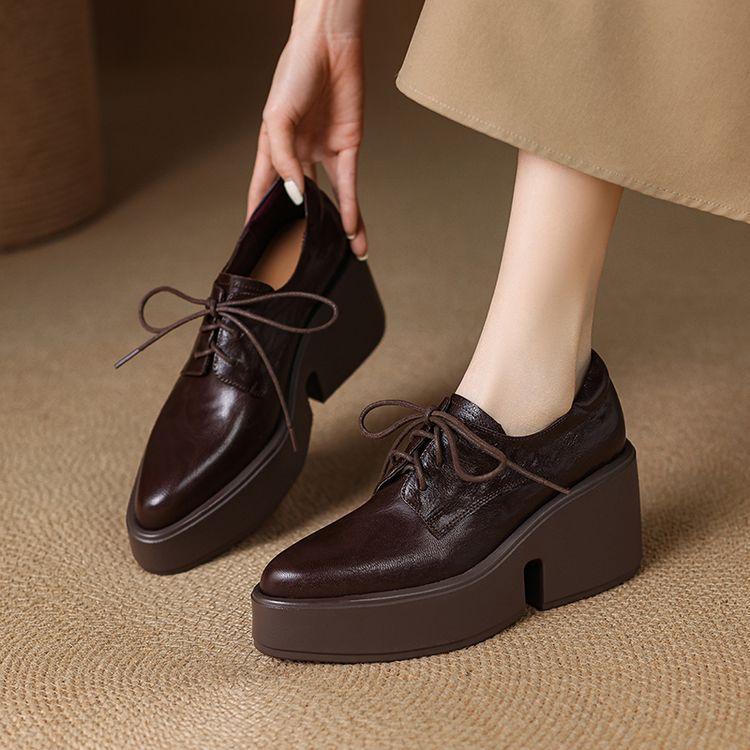 High heel thick sole pointed sheepskin single shoes~ 2025 spring and autumn new lace-up 8cm wedge heel waterproof table leather loafers