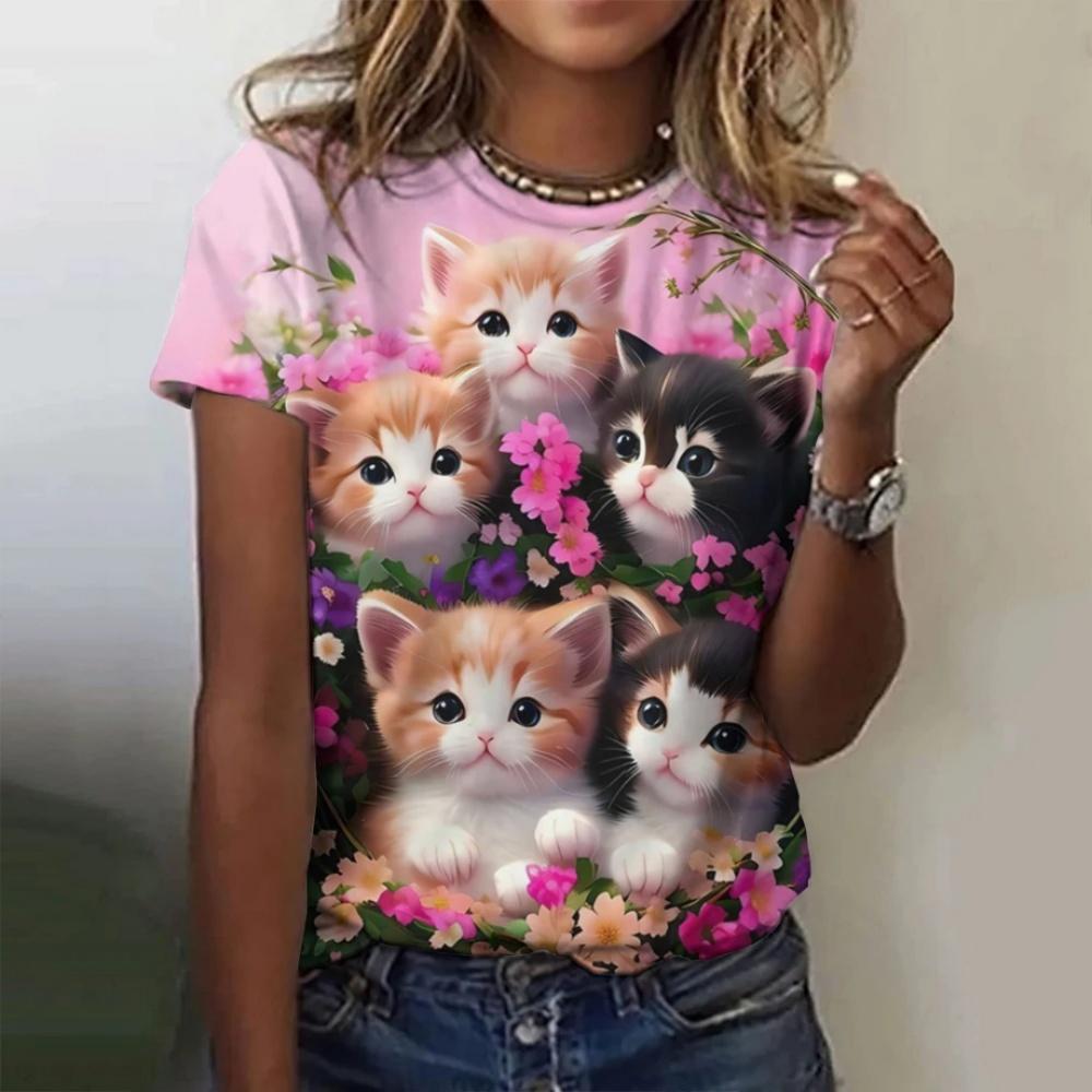 Fashion Women's T-shirt 3D Printed Kawaii Cat Pattern Short Sleeved Round Neck Top Summer Outdoor Casual Street Simple Clothing