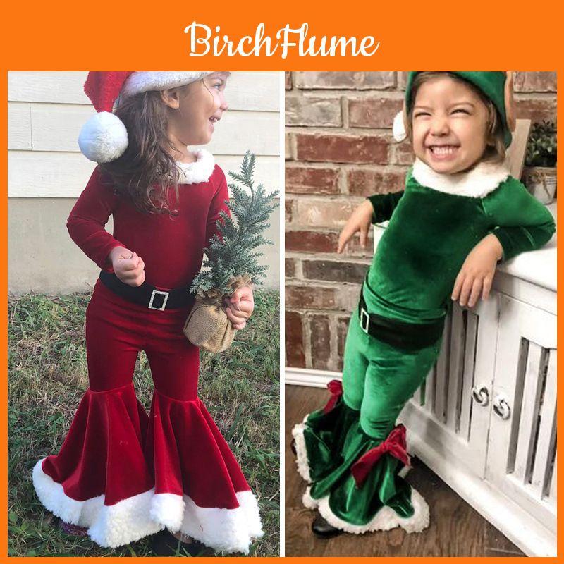 Festive Christmas Kids Girls Plush Flared Pants Suit With Santa Hat Tree Hat