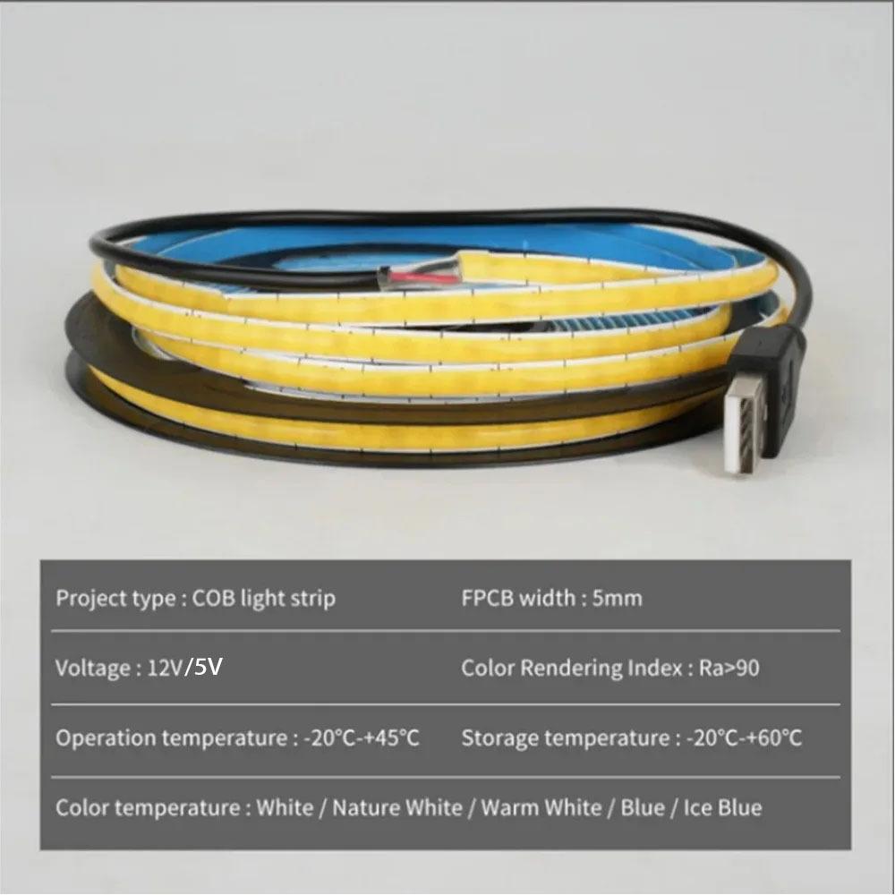 DC 5V 12V USB LED COB bandă 400 leduri/m 5mm alb alb cald LED bandă de lumină 1- 10m LED șir de lumină TV fundal de iluminat bandă decor lampă