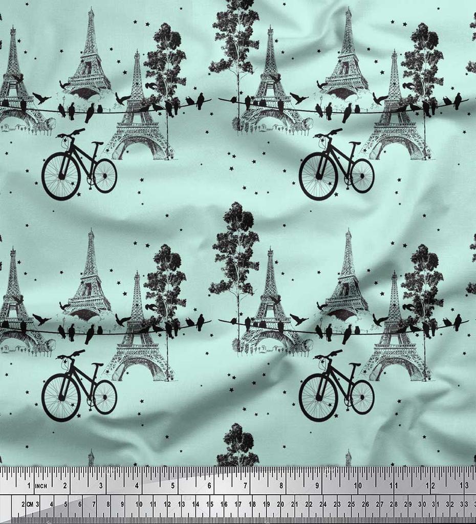 Soimoi Green Japan Crepe Satin Fabric Bicycle & Eiffel Tower Architectural Fabric Prints By Metre 42 Inch