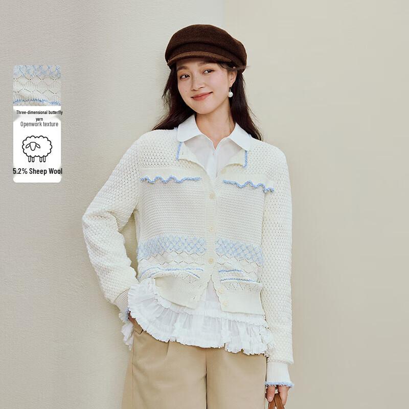 INMAN Women's Contrast Stripe Openwork Knit Cardigan