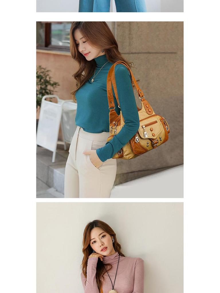 Women's Color Block Rivet Washed Leather Crossbody Handbag, Soft Leather, Large Capacity, Multi-Layer, Single Shoulder