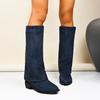Fashion Denim Blue Chunk Flock Square Heel Boots Women Knee High Pointer Toe Heels Shoes Woman Trend Chelsea Boots Mujer Gladiator Botas