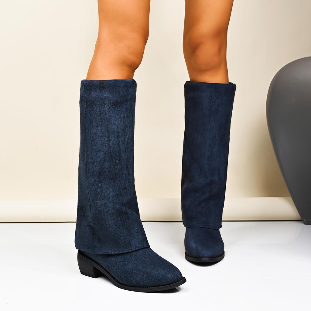 Fashion Denim Blue Chunk Flock Square Heel Boots Women Knee High Pointer Toe Heels Shoes Woman Trend Chelsea Boots Mujer Gladiator Botas