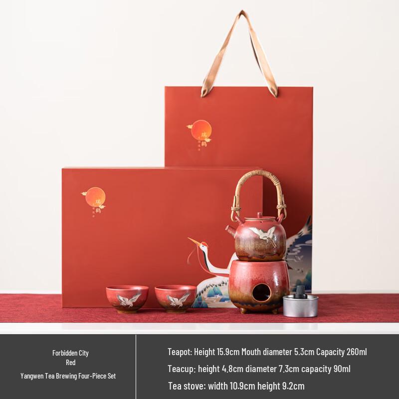 Palace Red Auspicious Crane Ceramic Tea Set