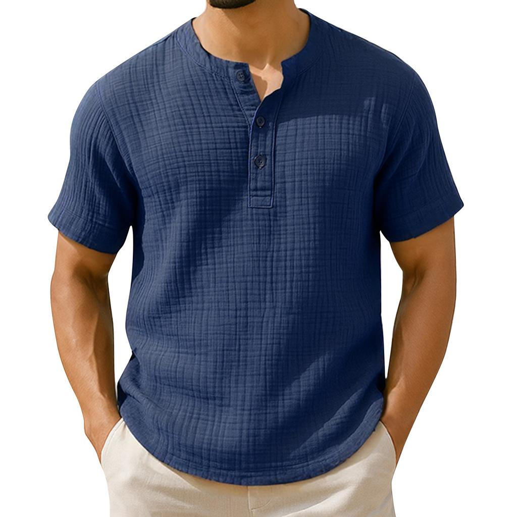 Top de vară pentru bărbați cu dungi, culoare uni, textură plisată, guler cu nasturi, mâneci scurte largi