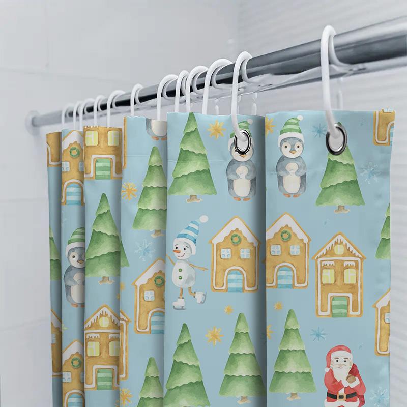 Christmas Shower Curtain With Festive Print Waterproof Fabric, Santa Claus Snowman Design For Bathroom Decorations In Multicolor