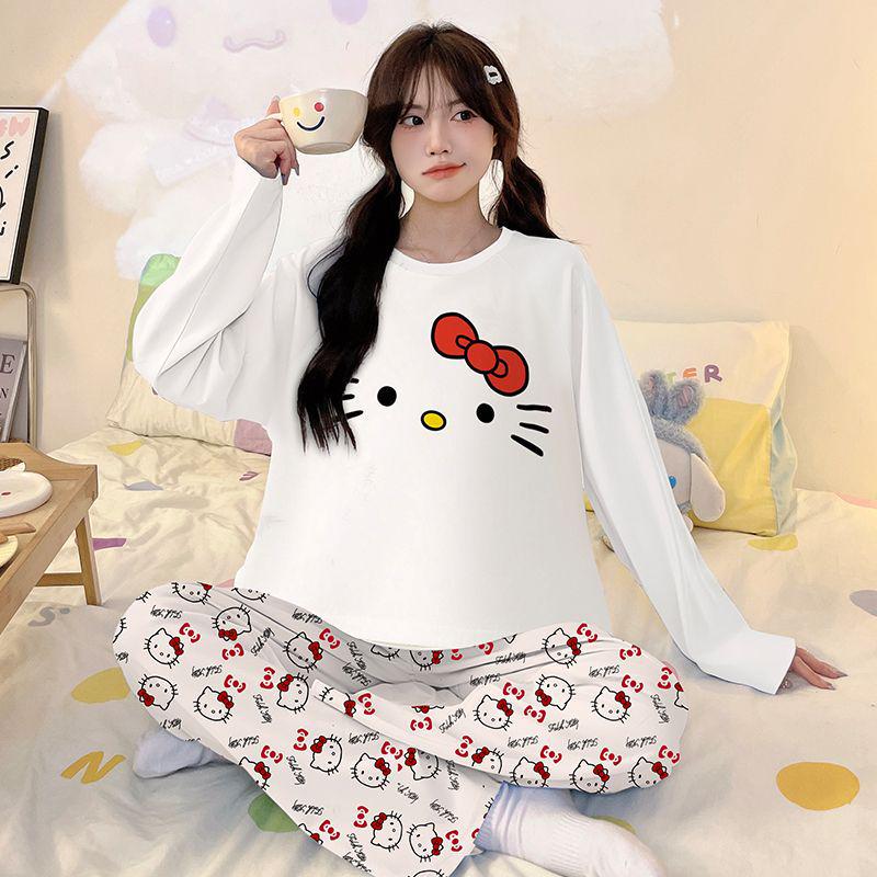 

Women s Pure Cotton Cartoon Pajamas, Long Sleeve Spring/Autumn Set, Casual Loose Fit for Home or Outside Wear, Winter Ready Size S