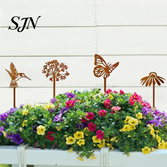 Rust Colored Garden Accents Rusty Silhouette Stake, Rustic Flower Pot Insert for Patio, Vintage Metal Stakes Bird Bee Butterfly And Ladybug