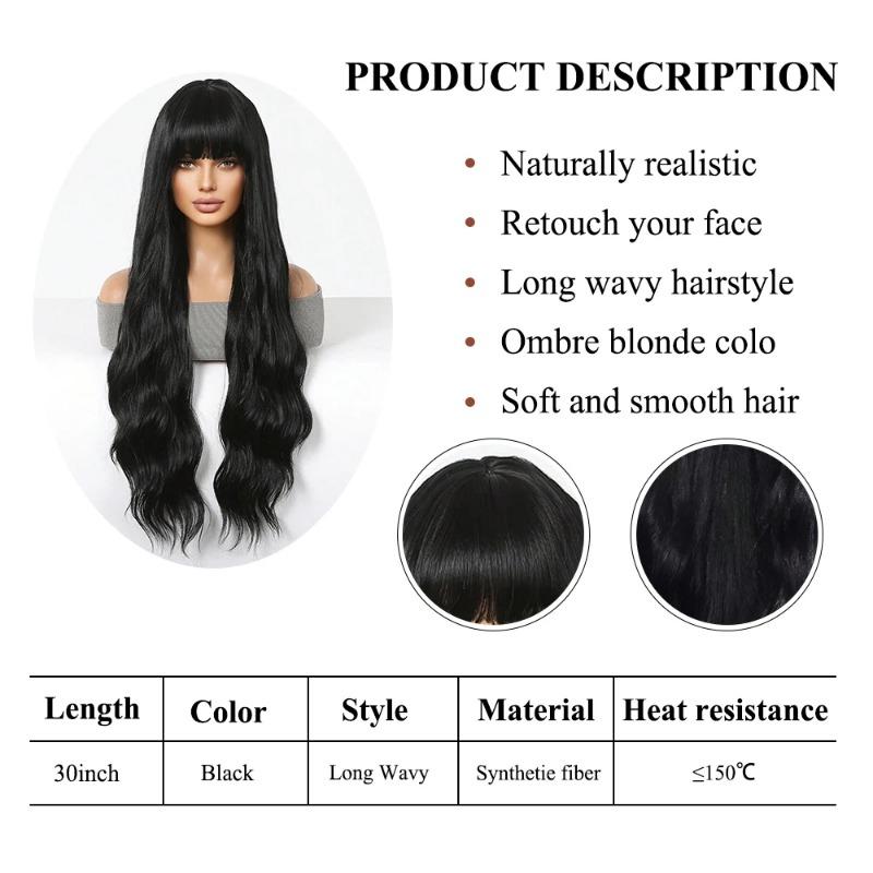 Natural Black Curly Long Wavy Synthetic Wigs with Bangs for White Women Body Wave Dark Cosplay Lolita Hair Wig Heat Resistant