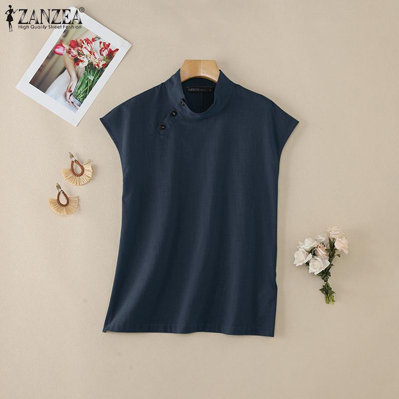 ZANZEA Women Side Button Stand Collar Summer Short Sleeve Blouse