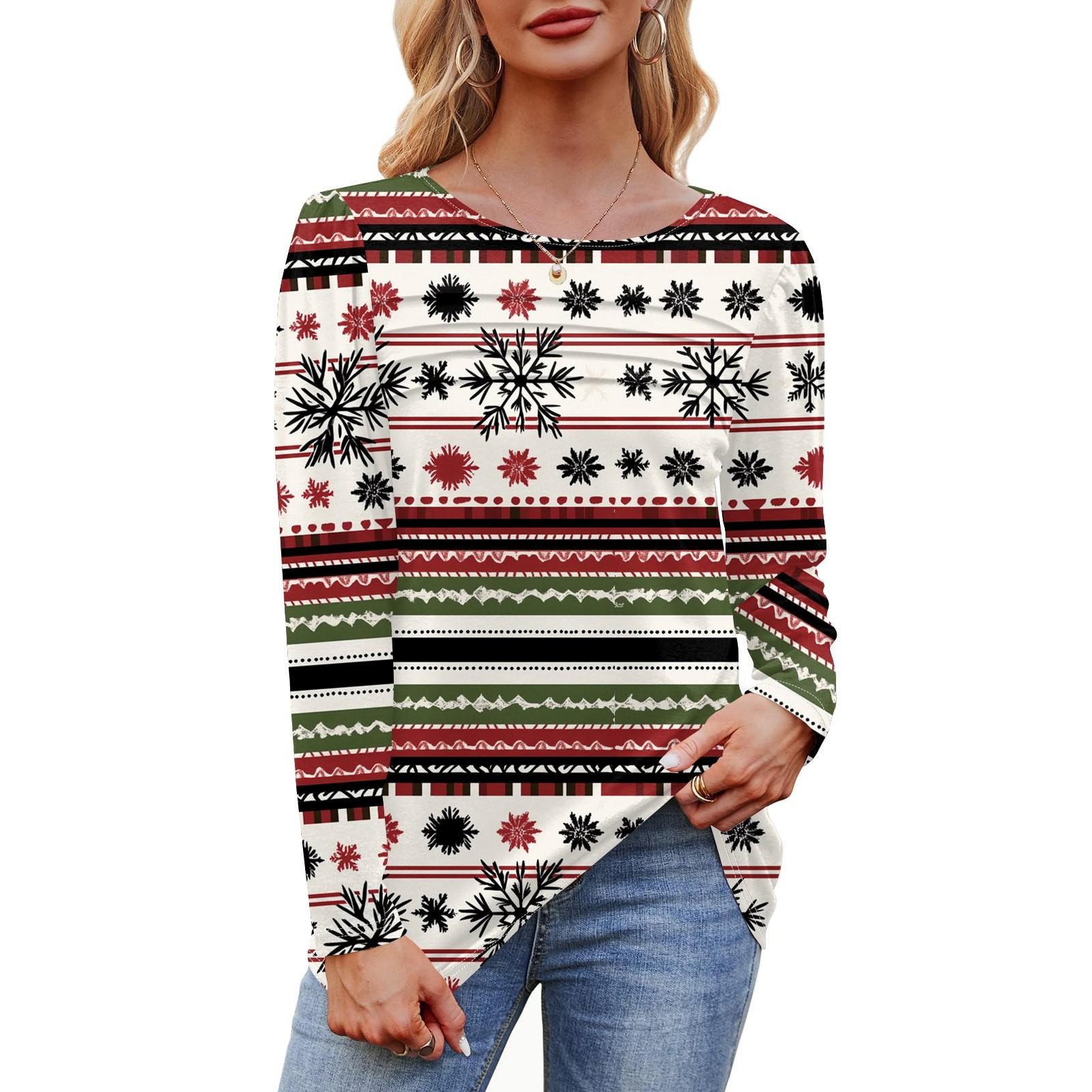 

Женская футболка с круглым вырезом и длинными рукавами с принтом рождественской елки и снежинки XL