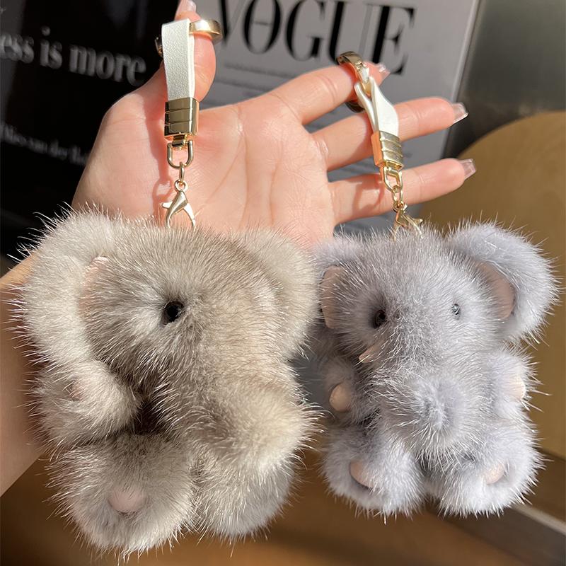 Women's Lovely Cute Elephant Mink Fur Keychain Charm Fashion Plush Car Key Chain Bag Pendant Keyrings Party Favor Jewelry
